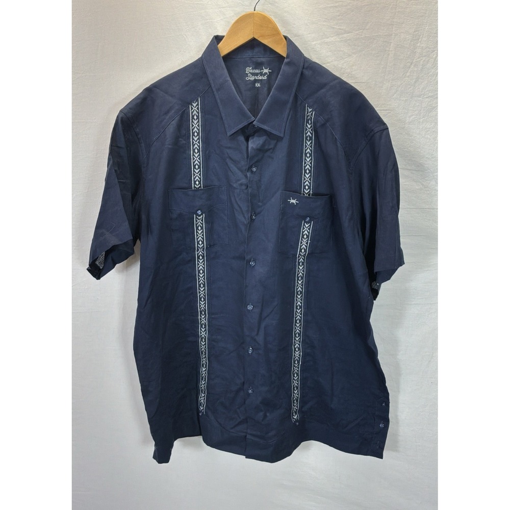 Texas Standard Men XXL Guayabera Shirt Navy Blue Embroidered linen blend Mexico